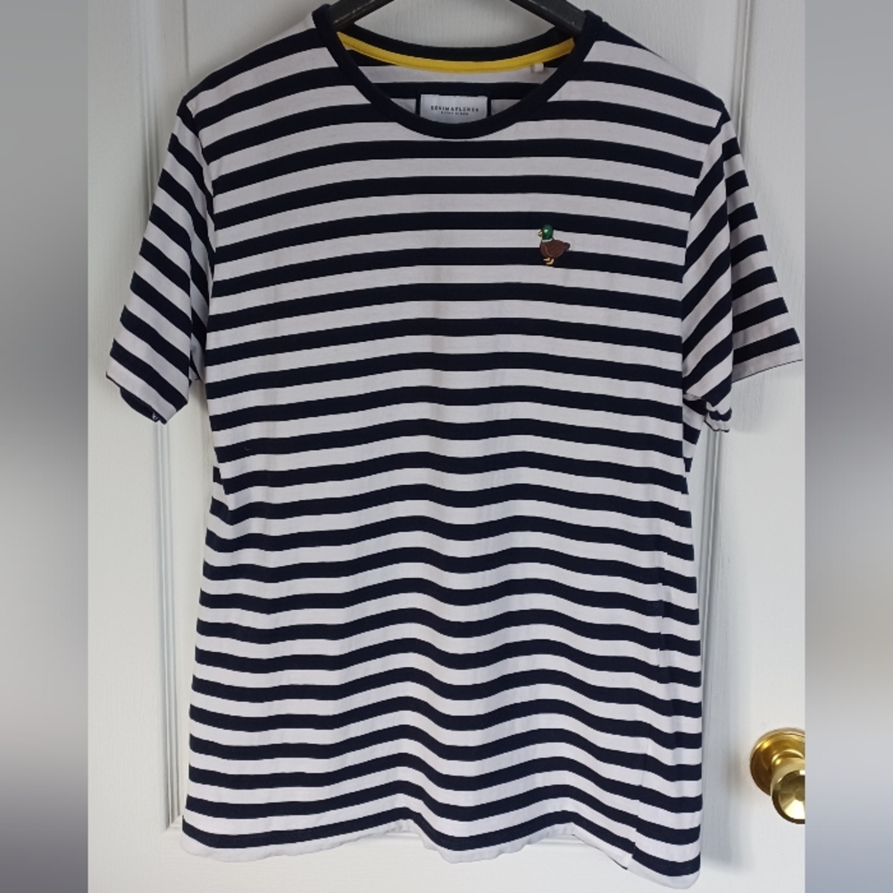 DENIM & FLOWER RICKY SINGH NAVY/WHITE STRIPE PULLOVER SHIRT W/EMBROIDERED DUCK M